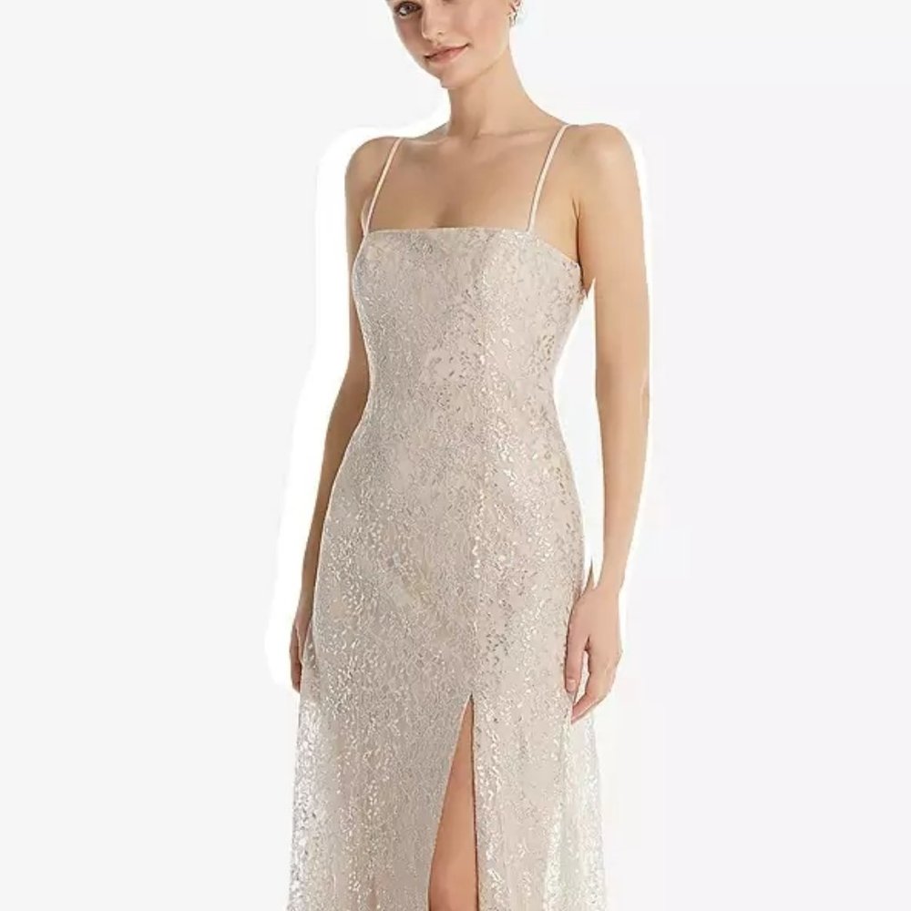 TH061 Metallic Lace Trumpet Dress with Adjustable Spaghetti Straps..Cameo..Sz 4